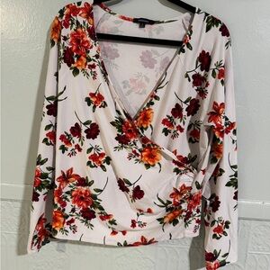 Ambiance White Floral Wrap Long-Sleeve Top with Red & Orange Flowers